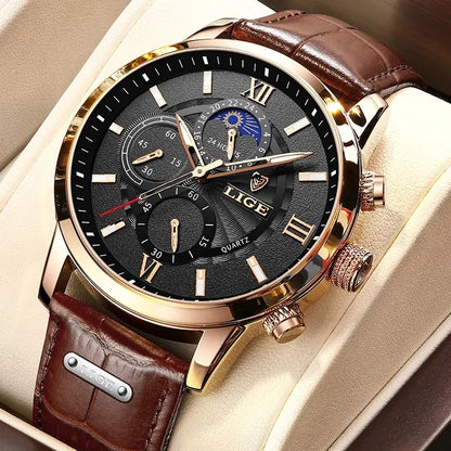 2023 New Mens Watches LIGE Top Brand Luxury Leather Casual Quartz